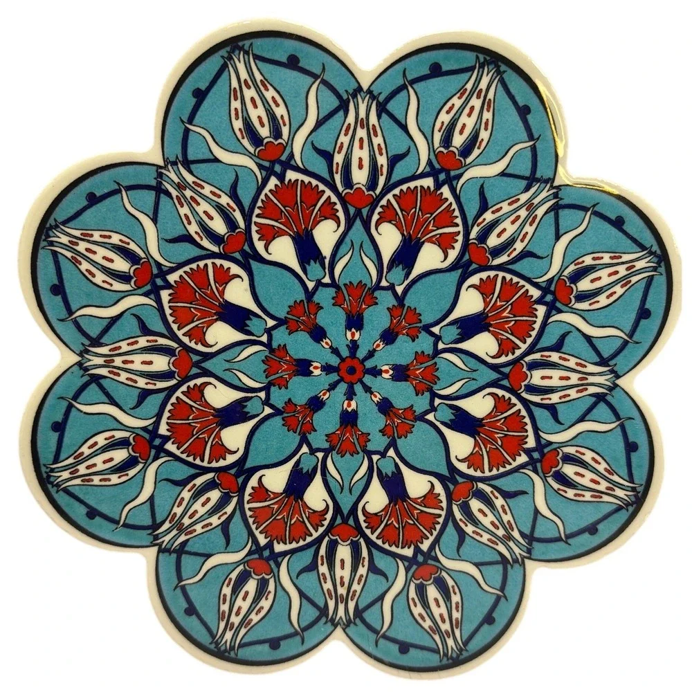 Turkish Ceramic Trivet Iznik Floral Tulip Mandala Scalloped Hot Plate Turkey
